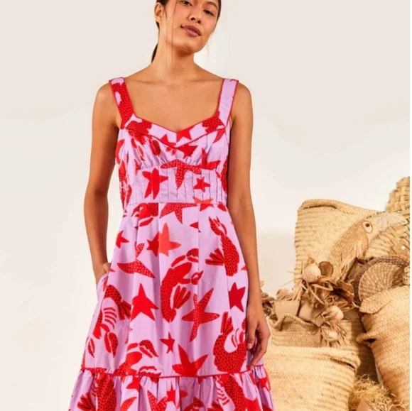 Farm Rio Lobster Midi Dress NWT Red and Pink Print Women's Dress XS